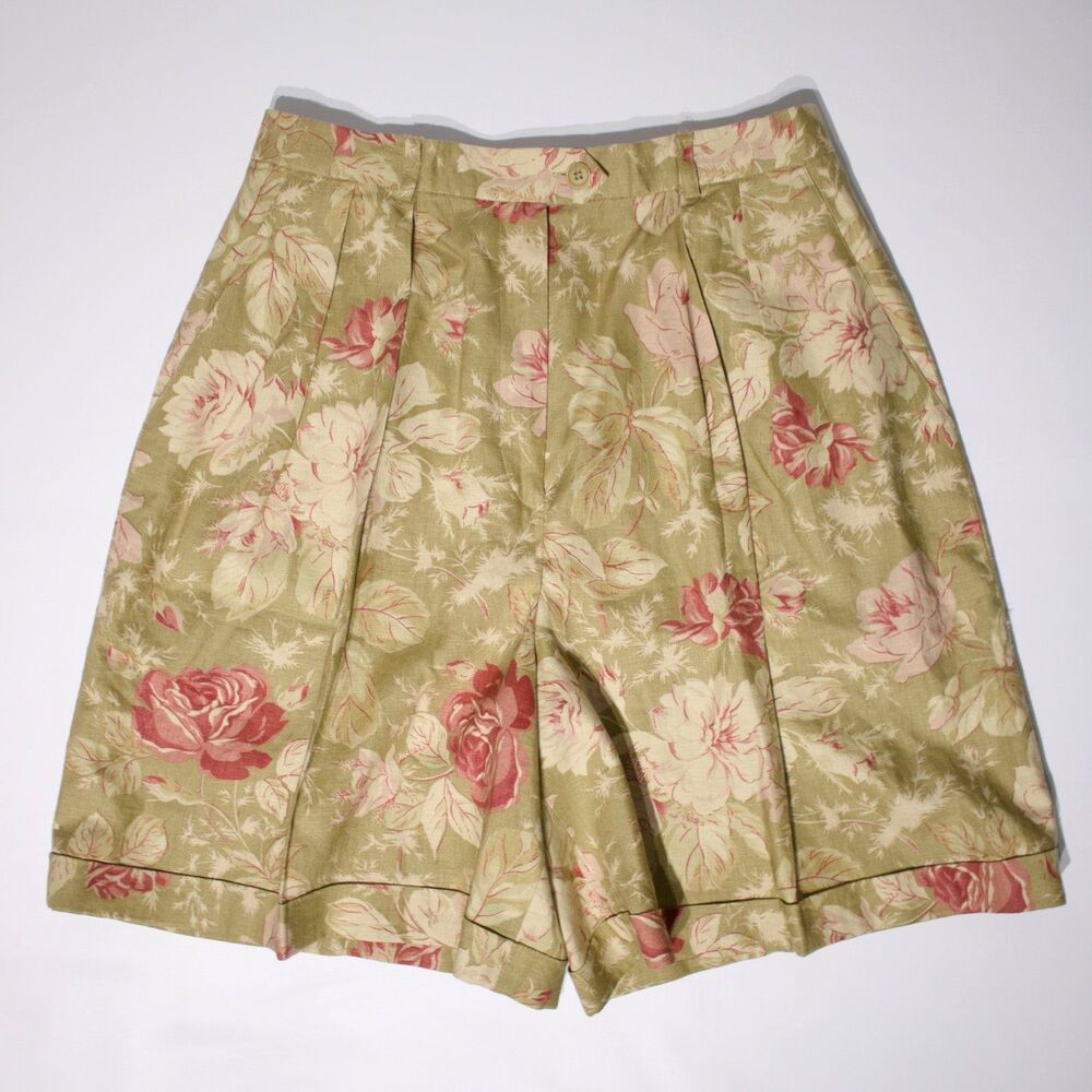 Ralph Lauren High Waist Pleated Wide Leg Shorts 100% Linen Beige Floral Women 8